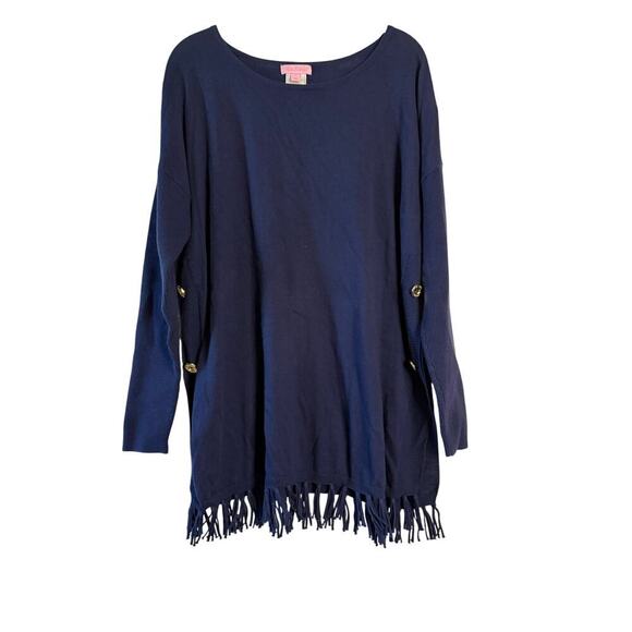 Lilly Pulitzer Navy Long Sleeve Ramona Fringe Hem Sweater Sz Med - Picture 2 of 6